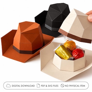 Scatola portagioie a forma di cappello da cowboy, scatola per dolcetti per feste a tema western, modello di papercraft stampabile (download in PDF e SVG)