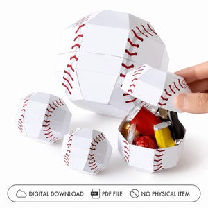 Puede incluir: Un conjunto de cajas de papel blanco con forma de pelotas de béisbol y patrones de costuras rojas. Una caja está abierta, revelando pequeños dulces envueltos. El texto inferior dice: DIGITAL DOWNLOAD, PDF FILE, NO PHYSICAL ITEM.