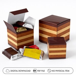 May include: Three square boxes with a brown and tan striped cake pattern, one open with foil-wrapped candies inside, two closed, and two loose candies in front. Text at the bottom reads: DIGITAL DOWNLOAD, PDF FILE, NO PHYSICAL ITEM.