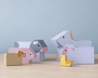 Figuras de animales de granja apilables y minimalistas con estuche. Descarga instantánea en PDF.