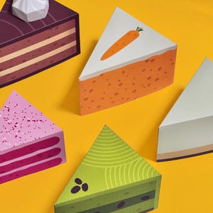 May include: A selection of colourful, triangular cake slices on a yellow background. The slices include chocolate, carrot cake with a carrot illustration, pink cake with sprinkles, green cake, and a white cake slice.