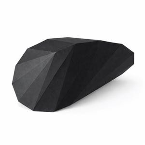 May include: A black, geometric-shaped object with a faceted design. The object has a series of angled planes that create a textured surface. The overall shape is elongated and asymmetrical, with a dark, matte finish. The object appears to be made of a rigid material.