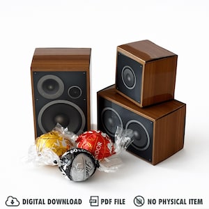 May include: A digital download featuring three brown speaker boxes with black speaker faces. Three wrapped chocolate candies in gold, red, and black foil are in front of the speakers. The image includes the text "DIGITAL DOWNLOAD" and "PDF FILE".