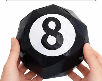 Modelo de papel de bola número 8 grande, decoración de esfera de billar de baja poligonalidad, plantilla PDF imprimible
