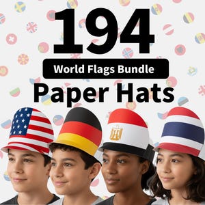May include: A promotional image featuring four children wearing paper hats decorated with the flags of different countries. The hats are red, white, and blue, and the image includes the text "194 World Flags Bundle Paper Hats."