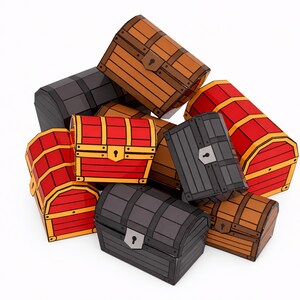Peut inclure: Plusieurs petits coffres au trésor décoratifs de couleurs variées, notamment marron, rouge et noir. Chaque coffre est orné d'un trou de serrure et de bandes métalliques décoratives, évoquant un thème pirate ou fantastique.