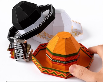 Plantilla para caja de regalo con forma de sombrero, caja clásica blanca para dulces estilo mariachi, plantilla para colorear en blanco (descarga en PDF y SVG)