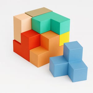 Puede incluir: Un colorido rompecabezas de madera con formas geométricas en varios colores, incluyendo rojo, naranja, verde y azul. El rompecabezas está compuesto por varios bloques entrelazados, creando una estructura tridimensional.