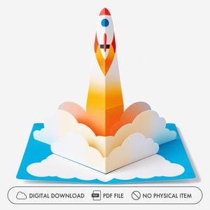 May include: A three-dimensional paper craft rocket ship launching from a base of white clouds. The rocket is white, red, and orange with a blue circular window. Below the graphic, text reads: DIGITAL DOWNLOAD, PDF FILE, NO PHYSICAL ITEM.