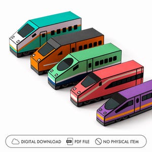 Puede incluir: Cinco modelos de trenes de papel en colores turquesa, naranja, verde claro, rojo y morado, cada uno con ventanas y puertas negras. Debajo de los trenes, una etiqueta rectangular blanca muestra el texto: DIGITAL DOWNLOAD, PDF FILE, NO PHYSICAL ITEM.