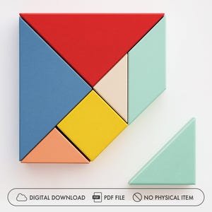 May include: A tangram puzzle graphic featuring seven geometric shapes in red, blue, yellow, orange, beige, and two shades of mint green. Below the shapes, text reads: DIGITAL DOWNLOAD, PDF FILE, NO PHYSICAL ITEM.