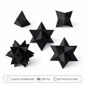 Puede incluir: Una colección de esculturas geométricas de papel negro en varias formas de estrella y pirámide. La imagen incluye una pequeña pirámide, una estrella de cuatro puntas y varios diseños de estrellas más grandes y de múltiples puntas. El texto en la parte inferior indica una descarga digital de un archivo PDF.