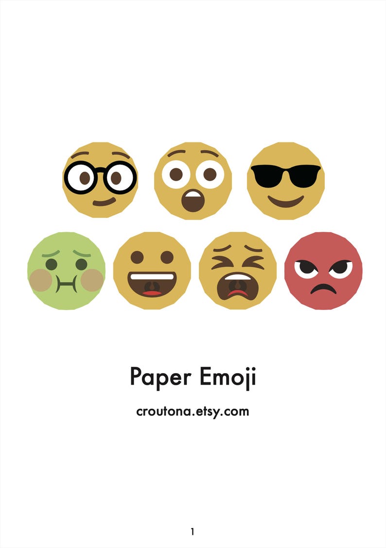 May include: Seven yellow paper emoji faces with different expressions:  glasses, surprised, sunglasses, sick, happy, crying, and angry. The text "Paper Emoji" and "croutona.etsy.com" is below the emojis.