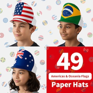 May include: Children wearing paper hats decorated with the flags of the United States, Brazil, and Australia. The hats are white with the flag designs on the crown. The image includes the text "49 Americas & Oceania Flags Paper Hats."