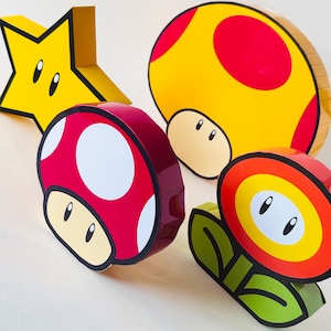 Mario-Inspired Power-Up Papercraft Bundle – Printable 3D Templates: Super Star, Super Mushroom, Fire Flower, Mega Mushroom – DIY Retro Set