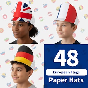 以下が含まれることがあります： イギリス、フランス、ドイツの国旗が描かれた紙の帽子をかぶった子供たち。帽子は白で、前面に国旗のデザインが施されています。画像には「48 European Flags Paper Hats」というテキストが含まれています。