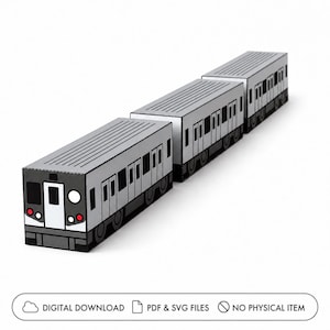 May include: A papercraft model of a silver subway train consisting of three connected carriages with black windows, doors, and front detailing. The image includes text at the bottom stating: DIGITAL DOWNLOAD, PDF & SVG FILES, NO PHYSICAL ITEM.