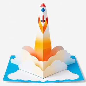 Puede incluir: Tarjeta desplegable con un cohete despegando. El cohete es blanco, rojo y naranja, con un detalle azul. Nubes blancas rodean el cohete, sobre un fondo azul.