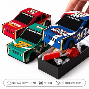 Modelli di scatole regalo a tema auto da corsa, scatole per caramelle stampabili a tema stock car, 3 design (download PDF)