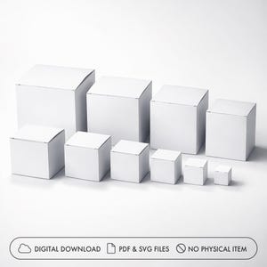 May include: A collection of nine plain white square boxes arranged in varying sizes from large to small. At the bottom, a rectangular label contains the text: DIGITAL DOWNLOAD, PDF & SVG FILES, and NO PHYSICAL ITEM.