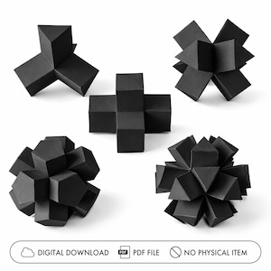 May include: A collection of five black geometric paper sculptures in various shapes. The shapes include a cross, a three-pronged structure, and several spherical forms. The image also includes text indicating a digital download and a PDF file.