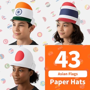 Puede incluir: Sombreros de papel decorados con banderas asiáticas. Los sombreros son blancos con diseños coloridos que representan varios países. La imagen incluye el texto "43 Asian Flags Paper Hats."