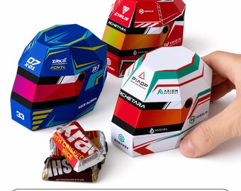 Plantilla para caja de regalo con forma de casco de carreras, caja de regalo de papel imprimible para dulces, ideal para recuerdos de fiesta (descarga en PDF).