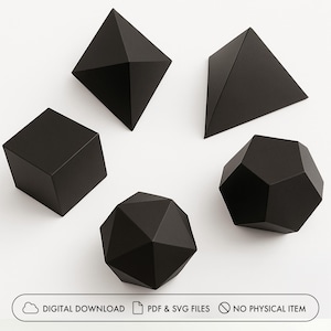 May include: A collection of five black geometric shapes: a cube, a pyramid, a tetrahedron, a rhombic dodecahedron, and a truncated octahedron. The image includes the text "DIGITAL DOWNLOAD", "PDF & SVG FILES", and "NO PHYSICAL ITEM".