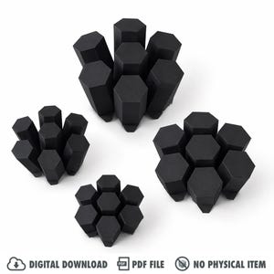 May include: Four clusters of black, geometric paper shapes, each composed of hexagonal prisms. The shapes vary in size, with the largest cluster containing several prisms. The image includes the text "DIGITAL DOWNLOAD" and "PDF FILE".