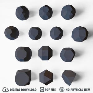 Puede incluir: Una colección de formas geométricas 3D de color gris oscuro en varias formas, incluyendo esferas y diseños facetados. La imagen incluye el texto "DESCARGA DIGITAL", "ARCHIVO PDF" y "NINGÚN ARTÍCULO FÍSICO".
