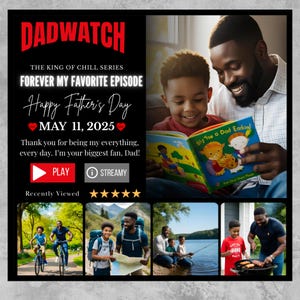 Puede incluir: Imagen promocional de "Dadwatch" con un padre y su hijo leyendo un libro. El texto dice "Feliz D&iacute;a del Padre, 11 de mayo de 2025." Im&aacute;genes adicionales muestran actividades al aire libre. El tema es la familia y el aprecio.