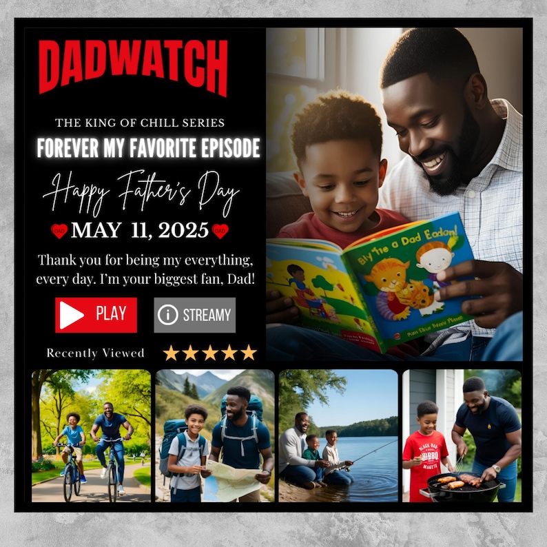 Puede incluir: Imagen promocional de "Dadwatch" con un padre y su hijo leyendo un libro. El texto dice "Feliz D&iacute;a del Padre, 11 de mayo de 2025." Im&aacute;genes adicionales muestran actividades al aire libre. El tema es la familia y el aprecio.