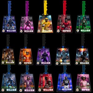 May include: A selection of personalized sports cowbells. Each bell displays a player image, team name, and number, with a handle and clapper in different colors. The year "2025" is also visible.