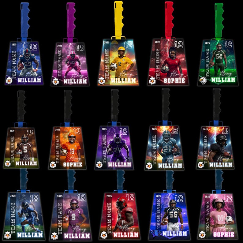 May include: A selection of personalized sports cowbells. Each bell displays a player image, team name, and number, with a handle and clapper in different colors. The year "2025" is also visible.