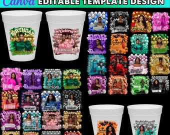 Birthday Styrofoam Cup Stickers Editable Template, Birthday Party Styrofoam Cup Design, Cup Sticker Template, Customize Party Cups, Digital