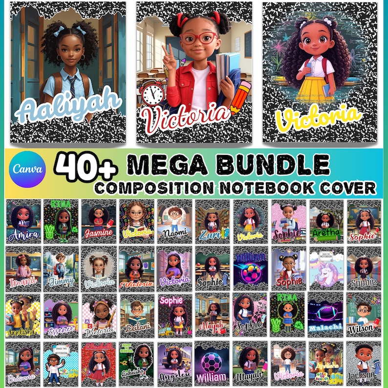 Pu&ograve; includere: Una collezione di copertine per quaderni di composizione con illustrazioni di bambini diversi. Le copertine includono nomi come Aaliyah e Victoria, e il testo "40+ MEGA BUNDLE COMPOSITION NOTEBOOK COVER" &egrave; visibile.