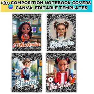 Pu&ograve; includere: Quattro copertine di quaderni di composizione con illustrazioni di cartoni animati di bambini. Ogni copertina presenta l'immagine e il nome di un bambino e un design di carta per quaderni di composizione in bianco e nero. La parte superiore dell'immagine recita: "40+ COMPOSITION NOTEBOOK COVERS CANVA EDITABLE TEMPLATES."