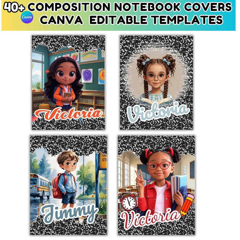 Pu&ograve; includere: Quattro copertine di quaderni di composizione con illustrazioni di cartoni animati di bambini. Ogni copertina presenta l'immagine e il nome di un bambino e un design di carta per quaderni di composizione in bianco e nero. La parte superiore dell'immagine recita: "40+ COMPOSITION NOTEBOOK COVERS CANVA EDITABLE TEMPLATES."