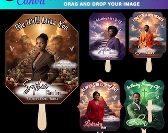 In Loving Memory Memorial Funeral Fan Canva Editable Template,25 Memorial Paddle Fan Bundle, Celebrating the Life Template Heaven background
