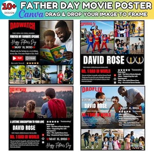 Puede incluir: Un dise&ntilde;o de cartel de pel&iacute;cula del D&iacute;a del Padre con el texto "10+ Father Day Movie Poster". El cartel presenta cuatro carteles de pel&iacute;culas con el texto "DADWATCH", "SUPERDAD TV", "DAD NETWORK" y "DADFLIX". Cada cartel tiene el texto "DAVID ROSE" y "NO. 1 DAD IN WORLD".