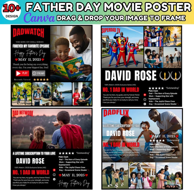 Puede incluir: Un dise&ntilde;o de cartel de pel&iacute;cula del D&iacute;a del Padre con el texto "10+ Father Day Movie Poster". El cartel presenta cuatro carteles de pel&iacute;culas con el texto "DADWATCH", "SUPERDAD TV", "DAD NETWORK" y "DADFLIX". Cada cartel tiene el texto "DAVID ROSE" y "NO. 1 DAD IN WORLD".