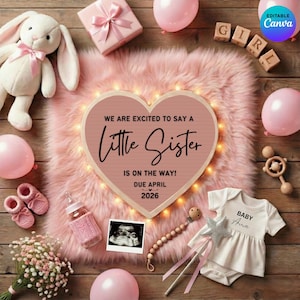 May include: A pink-themed baby announcement with a plush rug, balloons, and a heart-shaped sign that reads "We are excited to say a Little Sister is on the way! Due April 2026." Includes baby clothes, a stuffed bunny, and a sonogram.