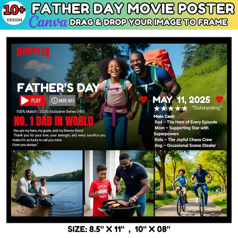 Puede incluir: Un dise&ntilde;o de cartel de pel&iacute;cula del D&iacute;a del Padre con el texto "Father's Day" y "No. 1 Dad in World". El cartel incluye im&aacute;genes de un padre y un ni&ntilde;o caminando, asando a la parrilla, pescando y montando en bicicleta. El tama&ntilde;o del cartel es de 21,6 cm x 27,9 cm y 25,4 cm x 20,3 cm.