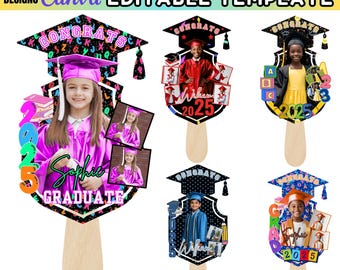 May include: A set of four graduation fan templates featuring a black graduation cap with colorful accents. Each fan has a space for a photo and the text "CONGRATS" and "GRADUATE".