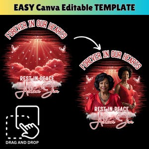 May include: A digital template design with the text "FOREVER IN OUR HEARTS" and "REST IN PEACE Adam Jim". The design features a red background with clouds, butterflies, and two women in red dresses. The words "EASY Canva Editable TEMPLATE" and "DRAG AND DROP" are also present.
