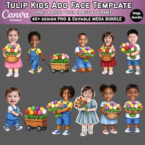 Op de afbeelding: Digitaal ontwerp met kinderen met cartoongezichten die tulpen of tulpenmanden vasthouden. De tekst bovenaan luidt "TULIP KIDS ADD FACE TEMPLATE" en "DRAG & DROP YOUR IMAGE TO FRAME". Het Canva-logo is zichtbaar.