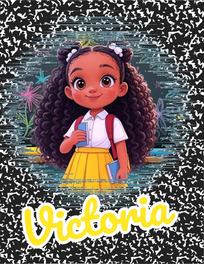 Pu&ograve; includere: Illustrazione di una ragazza con la pelle scura, che indossa una camicia bianca, una gonna gialla e uno zaino rosso. Tiene in mano dei libri e il nome "Victoria" &egrave; scritto in giallo. Lo sfondo ha un design di carta da quaderno.