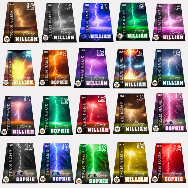 May include: A selection of sports-themed designs, each with a lightning bolt graphic. They include a team name, player name, number, and year. The designs are in various colours, some with a football.