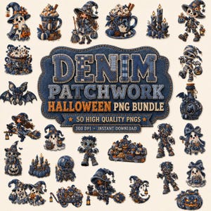 Pode incluir: Uma coleção digital de 50 gráficos com tema de Halloween com texturas de patchwork de jeans. O texto central diz DENIM PATCHWORK HALLOWEEN PNG BUNDLE. As imagens incluem fantasmas, bruxas, abóboras, múmias e zumbis em tons de azul.