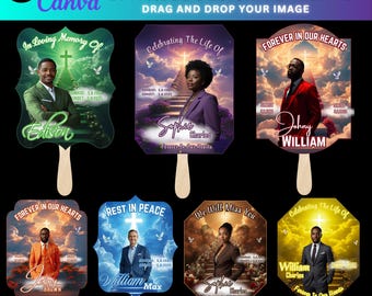 In Loving Memory Memorial Funeral Fan Canva Editable Template,25 Memorial Paddle Fan Design,Celebrating the Life Template Heaven background
